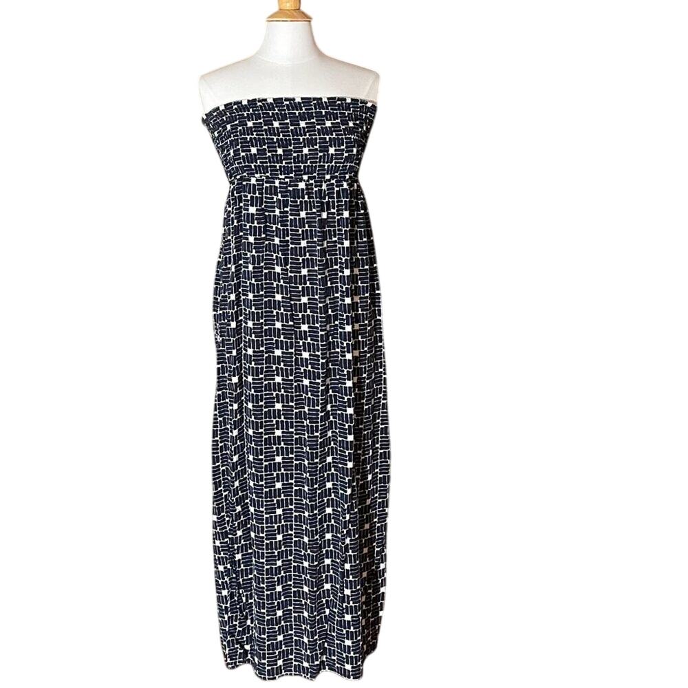 GAP Navy & White Allover Print Smocked Strapless Maxi Dress, Summer, Resort, L